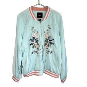 Y2k Boho Floral Embroidered Zip Bomber Jacket Medium Asian Art Silky Forever 21